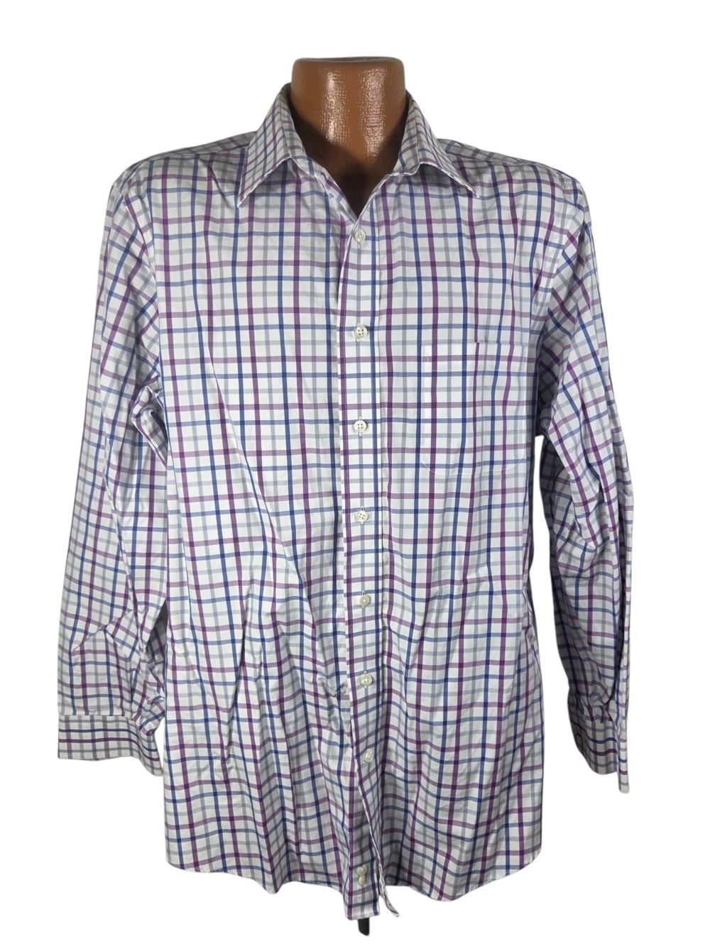 Kirkland Signature White Button-Down Shirt with Purple and Blue Windowpane.